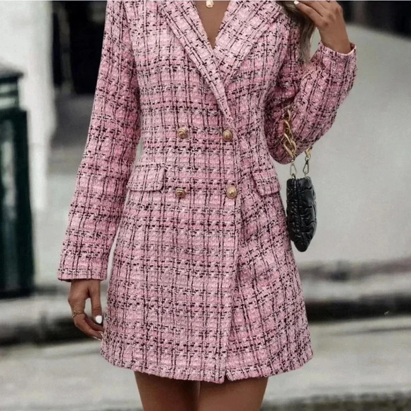 Pink Preppy Womens Plaid Pattern Double Breasted Tweed Overcoat - Picture 5 of 5